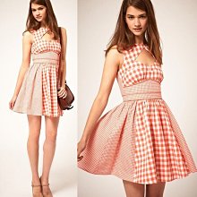 (嫻嫻屋) 英國ASOS新品 甜美浪漫復古風情格子印花連身裙小禮服洋裝 現貨UK8
