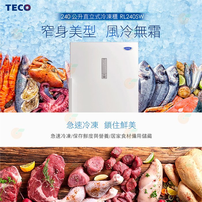 含拆箱定位+舊機回收 東元 TECO RL240SW 冷凍櫃 240L 公司貨 直立式 風冷 液晶顯示 自動除霜