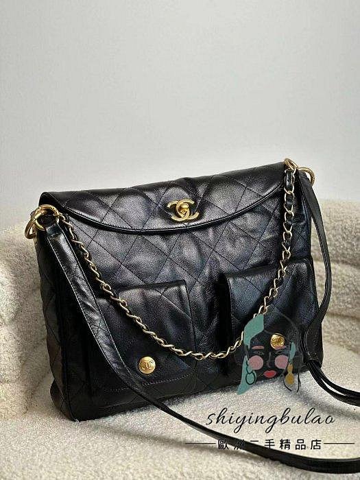 歐洲二手 Chanel 香奈兒 24P HOBO 黑色金扣大號郵差包