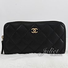 【茱麗葉精品】二手精品【8.5成新】CHANEL 經典雙C菱格紋小牛皮拉鍊中夾.黑金#963 現貨