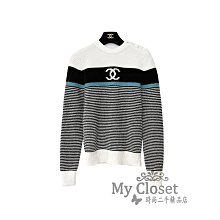 My Closet 二手名牌 CHANEL 2022 黑白色系 藍色橫紋 白雙C Logo 白雙C釦 長袖毛衣