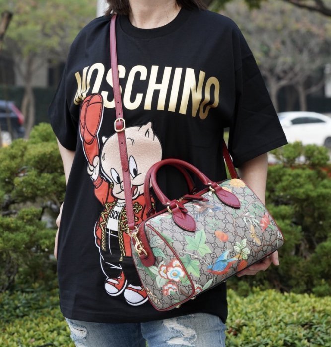 Gucci Linea A printed canvas Bag 小型 花卉波士頓包 紅皮邊