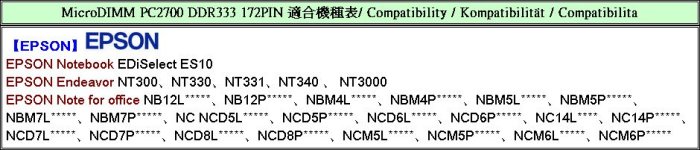 免運 新品【單條 1GB RAM】EPSON Endeavor NT300 330 340 NB12 NC5L 專用記憶