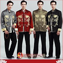 中國風男士唐裝長袖外套 復古中式男裝立領上衣 民族男士服飾 書卷氣質外套-金色雙龍戲珠(四色)-水水女人國