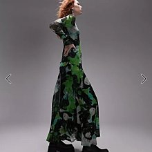 (嫻嫻屋) 英國ASOS-Topshop綠色印花圓領長袖修身版型長裙洋裝EA23