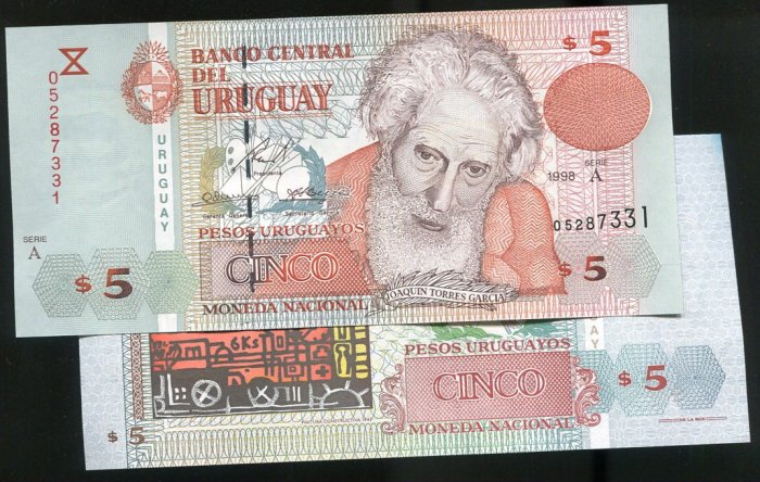 【紙鈔】URUGUAY (烏拉圭), P80 , 5-PESO , 1998 ,品相全新UNC #190967