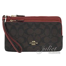 【茱麗葉精品】全新精品 COACH 專櫃商品 C5576 印花LOGO皮革雙拉鍊零錢手拿包.深咖/紅 現貨