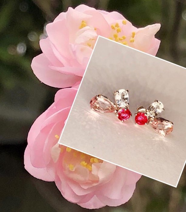 [tt珠寶設計］粉色系列小蝶造型耳環 14K金 尖晶石 剛玉 摩根石