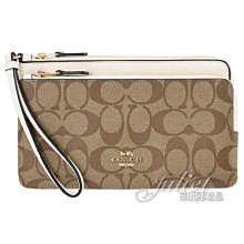 【茱麗葉精品】全新精品 COACH 專櫃商品 C5576 印花LOGO皮革雙拉鍊零錢手拿包.駝/白 現貨