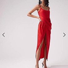 (嫻嫻屋) 英國ASOS-紅色鍛面圓領細肩帶抓皺垂墜腰過膝裙洋裝禮服AC24