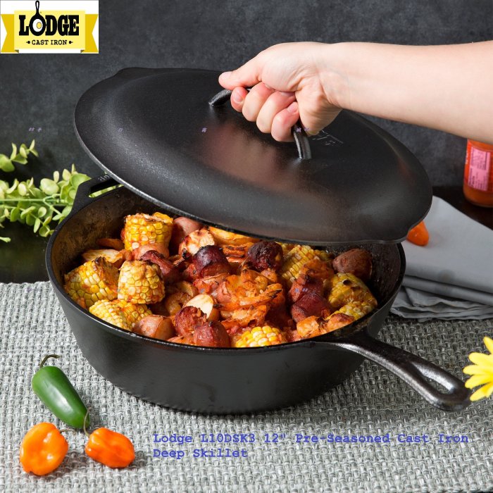 Lodge L10DSK3 12 Pre-Seasoned Cast Iron Deep Skillet