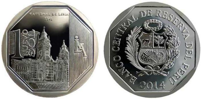 【超值硬幣】祕魯2014年1SOL紀念幣一枚(文化資產-Cathedral of Lima)，少見~(19)