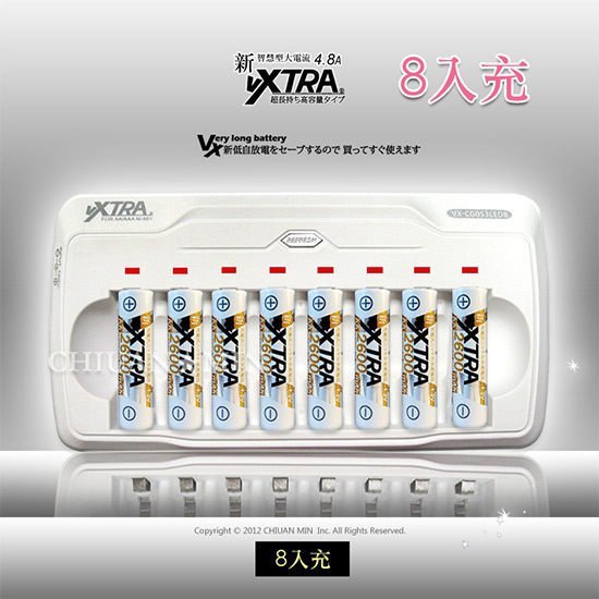 全民3C VXTRA飛創 8通道 智慧型急速充電器(8入充) 8槽/鎳氫電池/4號電池/3號 /AA/AAA/充電電池