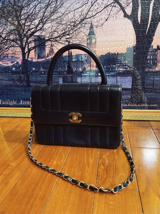 真品 老香迷必收款 Chanel vintage 大logo羊皮金釦經典款豎紋香奈兒手提包  黛妃包 貝嫂包 duma coco25方胖 Kelly