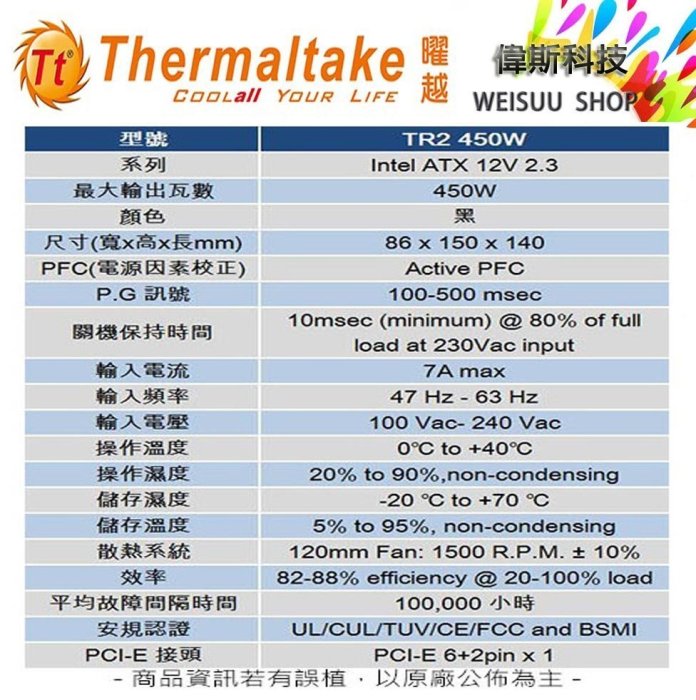 ☆偉斯科技☆ 現貨 曜越 TR2 450W Bronze 五年保固/日系電容/80+銅牌