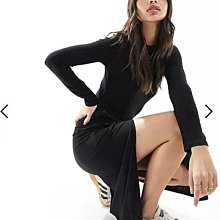 (嫻嫻屋) 英國ASOS-New Look 黑色圓領長袖側邊抽繩開衩中長裙洋裝EL23