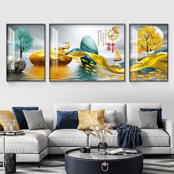 客廳裝飾畫三聯畫輕奢現代新中式山水畫沙發背景墻壁畫晶瓷畫掛畫踉踉蹌蹌促銷