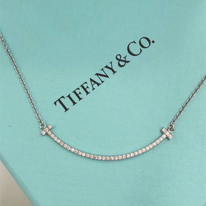 二手奢品 Tiffany&CO.蒂芙尼 T Smile系列 18K白金項鍊 中號 鑽石微笑吊墜 67513312 現貨