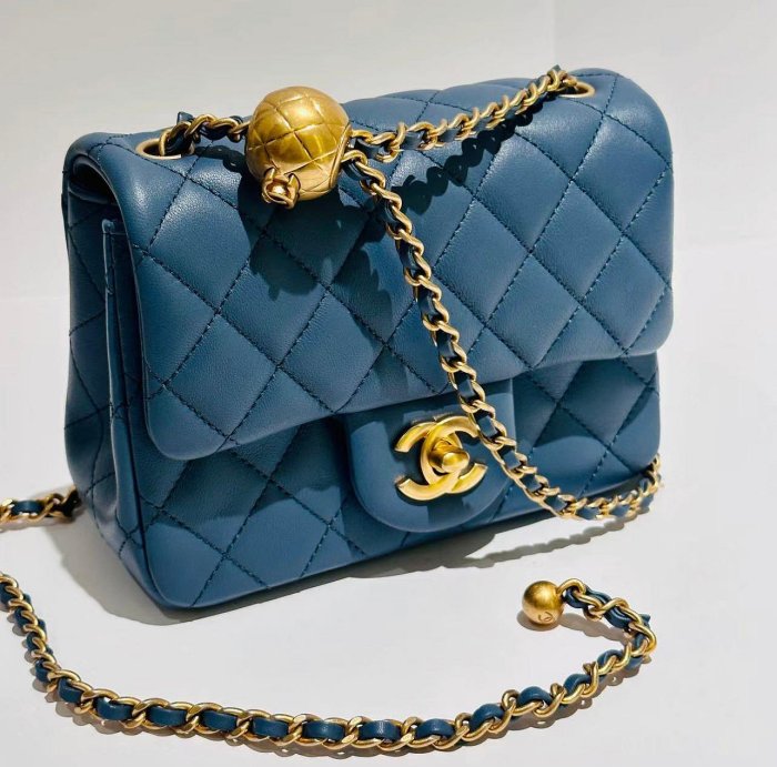 Chanel 23K 金球 17cm 方胖子 藍色 霧霾藍 復古 霧金 金鏈 羊皮 方胖子 AS1786 北市可面交 刷卡分期