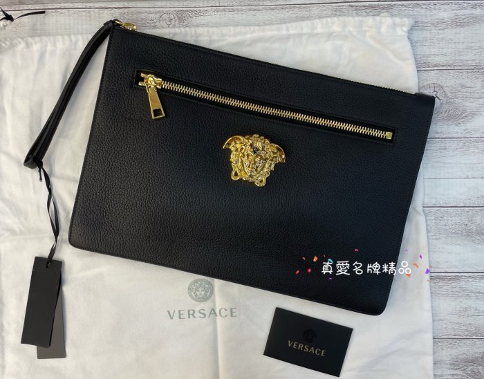 真愛全新名牌》VERSACE DL25982 黑色牛皮女王頭梅杜莎把手手拿包*全