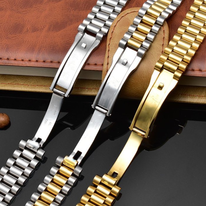 【熱賣精選】適用表帶男勞力士蠔式日志實心鋼帶弧口五珠鋼帶手表配件