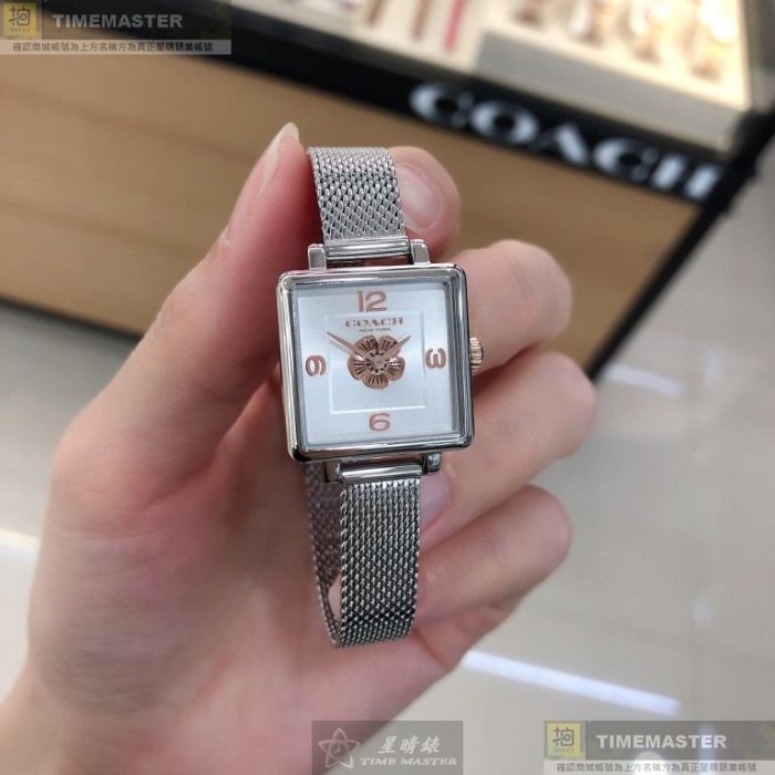 COACH手錶,編號CH00140,22mm銀方形精鋼錶殼,白色, 銀色簡約, 山茶花雕刻錶面,銀色米蘭錶帶款