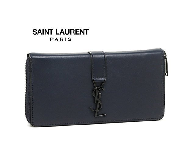 Saint Laurent Paris YSL 金屬黑色LOGO×深海軍藍色真皮長夾 皮夾 錢包｜100%全新正品｜特價