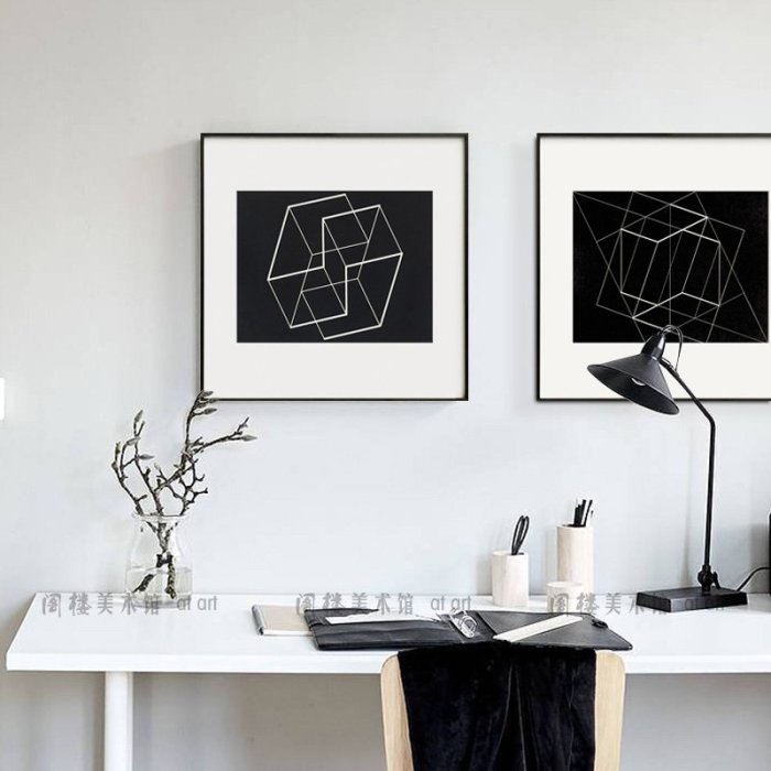 形變極簡主義大師 Josef Albers 現代抽象小眾裝飾畫書房沙發掛畫~努努小鋪