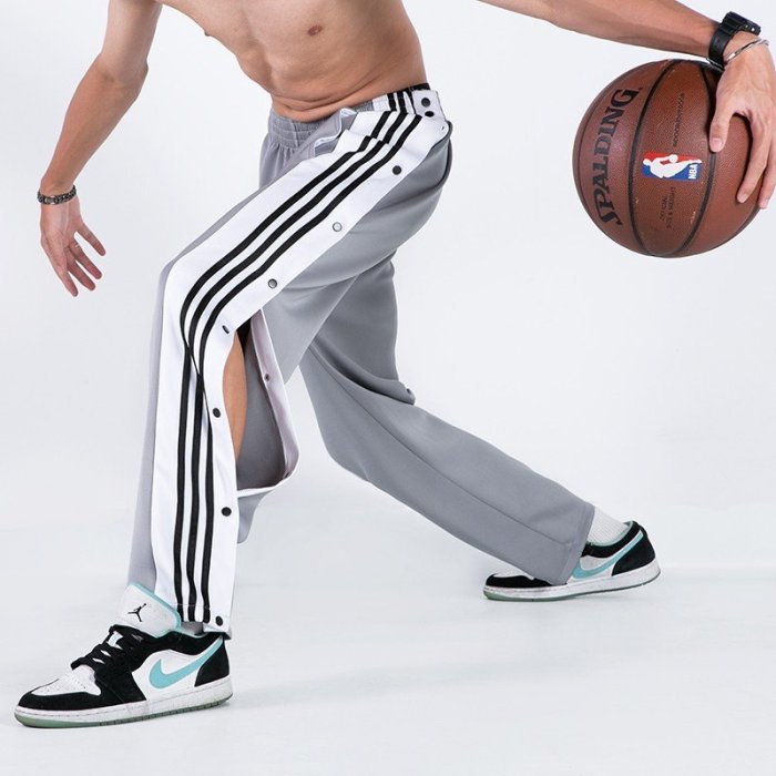 現貨熱銷-Adidas愛迪達運動長褲男士三葉草籃球訓練全開排扣褲大碼側開紐扣長褲