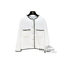 My Closet 二手名牌 Chanel 2021當季 超美經典白色鑲黑白邊 雙口袋 水鑽雙C釦 八分袖外套