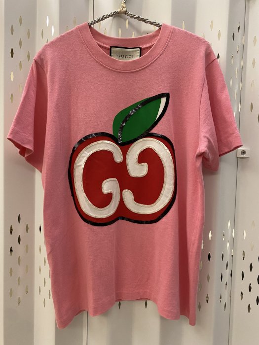 (已售出） GUCCI 蘋果🍎亮片刺繡短袖上衣XS over size 版粉色