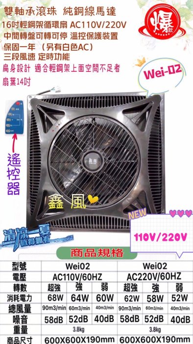 輕鋼架節能扇 3段風速 崁入式 電扇 免運特價 220V大風量16吋 循環扇 黑色  遙控器 非阿拉斯加 辦公室循環扇