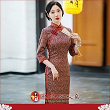 M-5XL加大 印花七分袖長旗袍 復古中國風經典改良式時尚修身超顯瘦日常連身洋裝～古韻傾城～祥雲(紅色)。水水女人國