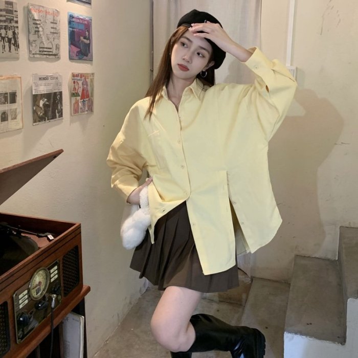 韓系黃色防曬襯衫外套女夏季設計感小眾長袖上衣襯衣秋季新款