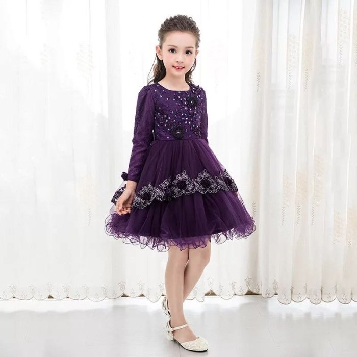 韓版女童紫色色禮服 蓬蓬裙 公主裙 畢業季演出服 鋼琴演奏 花童 長袖禮服 洋裝紗裙