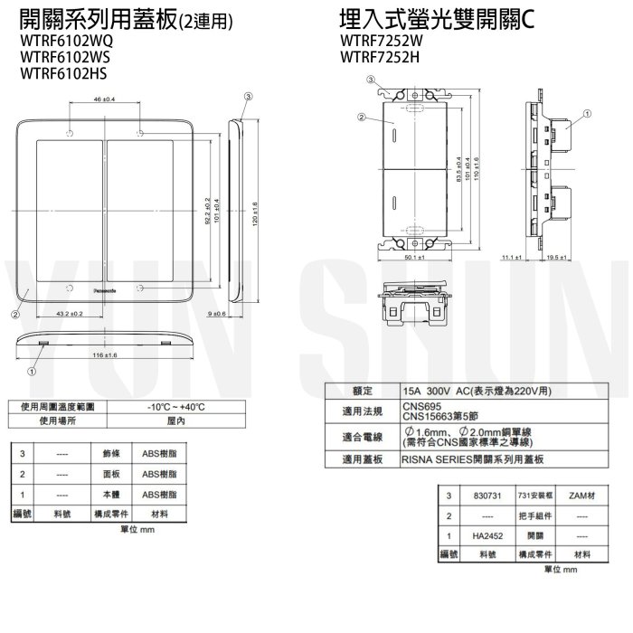 【水電材料便利購】國際牌 RISNA 螢光五開關C 220V WTRF 7552 HS 灰色銀邊 電燈開關