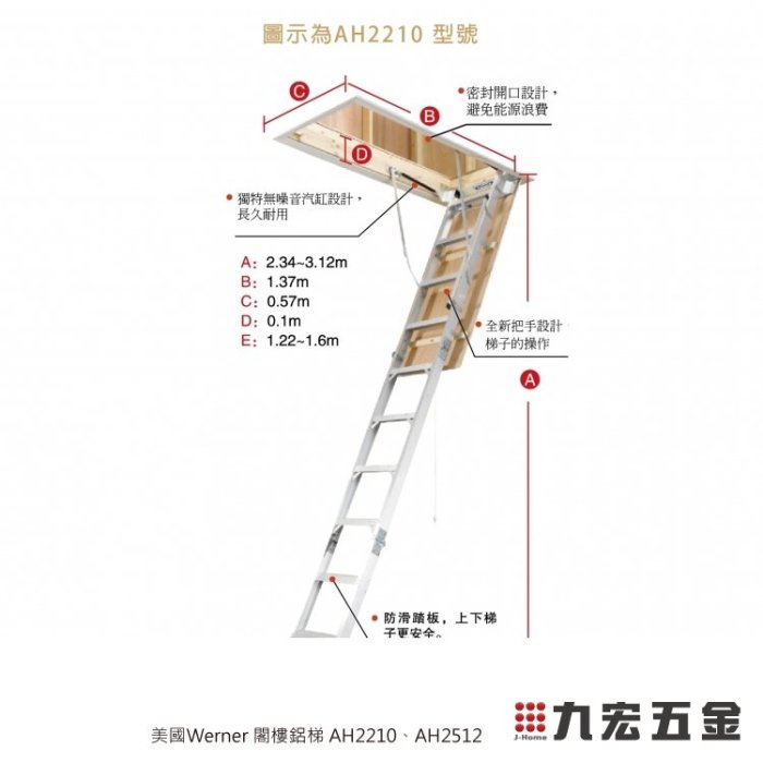 已含稅價)九宏五金○→美國Werner AH2210、AH2512 鋁合金折疊式閣樓梯 