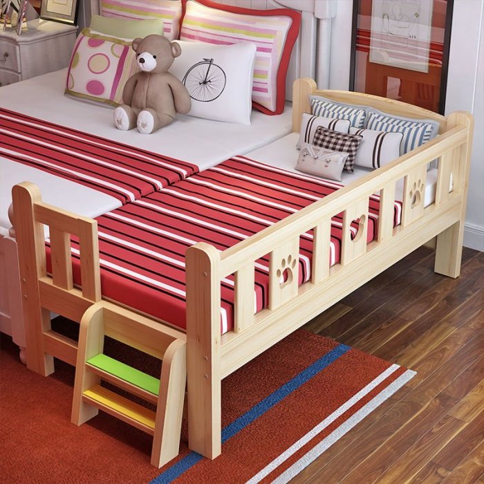 實木兒童床帶護欄單人床松木床男孩女孩加寬拼接大床床墊超夯 精品