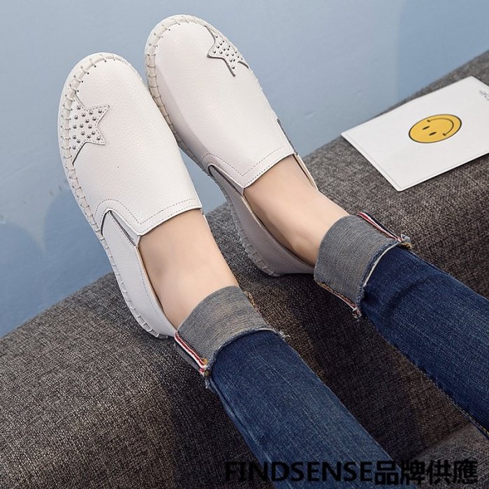 FINDSENSE品牌 四季款 新款 日本 女 高品質  真皮 舒適 手工縫製 一腳蹬樂福鞋 運動休閒鞋  潮流鞋子