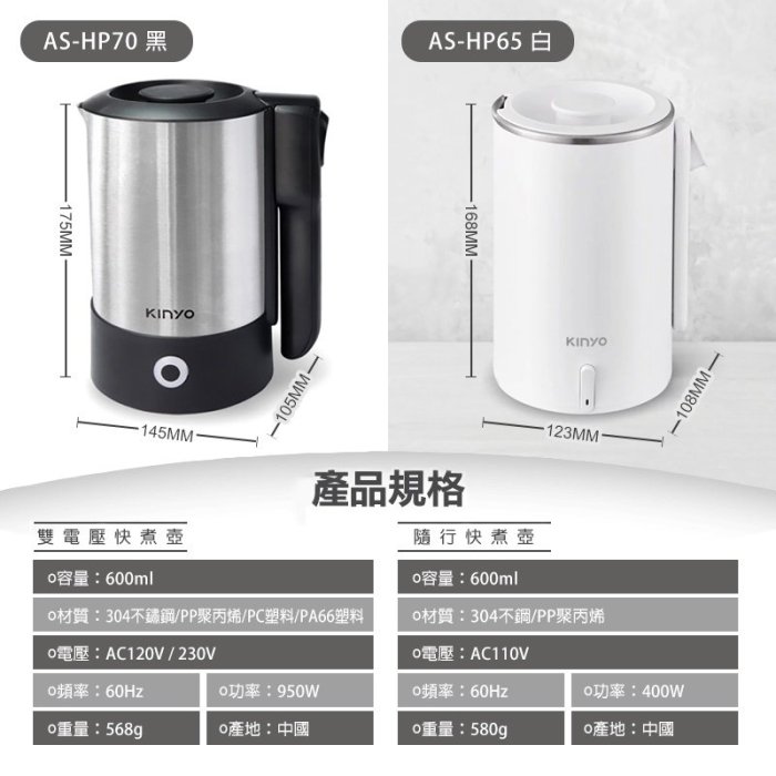 KINYO 快煮壺 0.6L 304不鏽鋼快煮壼 國際通用雙電壓110V/220V 電茶壼 摺疊防燙手把 快煮水壼