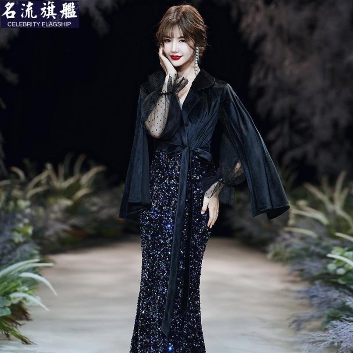 黑色晚禮服裙女2021新款高級大氣宴會氣質高貴年會禮服魚尾洋裝名流