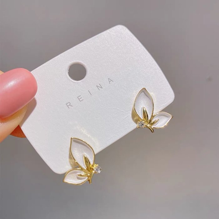 【現貨】韓版 韓系 金色 水鑽 白色 單邊 蝴蝶 翅膀 耳針 耳環