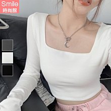 【V3640】SMILE-綺麗甜美．純色方領修身短款長袖上衣