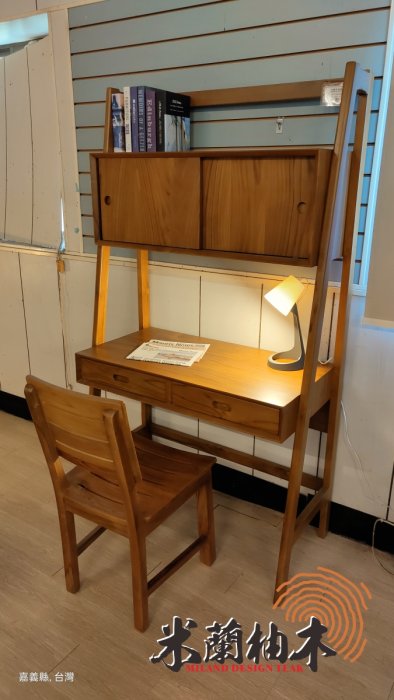 【米蘭柚木傢俱】全柚木書桌椅組、寫字桌、電腦桌 - 北歐上滑門櫃款［新款］