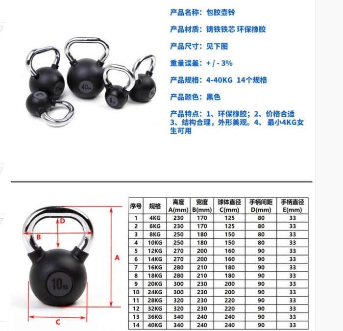 電鍍壺鈴男士健身包膠壺鈴提壺啞鈴競賽壺鈴4-40公斤力量訓練