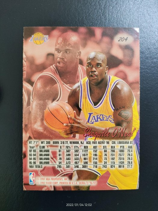 1996 FLEER ULTRA SHAQUILLE O'NEAL # 204 LOS ANGELES LAKERS