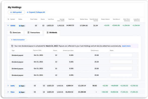 A flat screen video of the dividends tracking page.