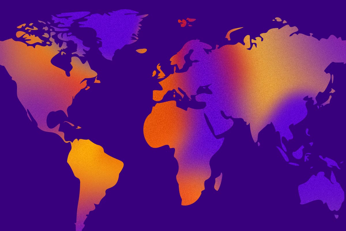 A map of planet Earth with a purple background, and orange and red thermal mapping over the continents.