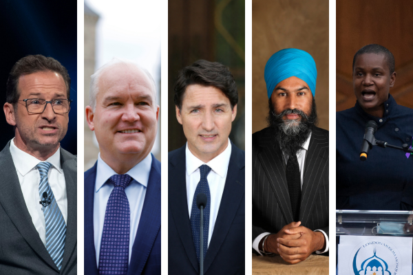 Canada's federal election . Leaders include Yves-Francois Blanchet of the Bloc Quebecois, Erin O'Toole of the Conservatives, Justin Trudeau of the Liberals, Jagmeet Singh of the NDP and Annamie Paul of the Green Party of Canada.