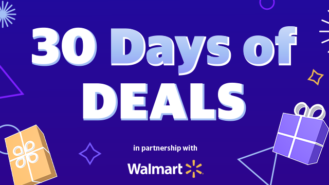 Image saying "deals for days" with purple background, bordered by gifts and shapes. 